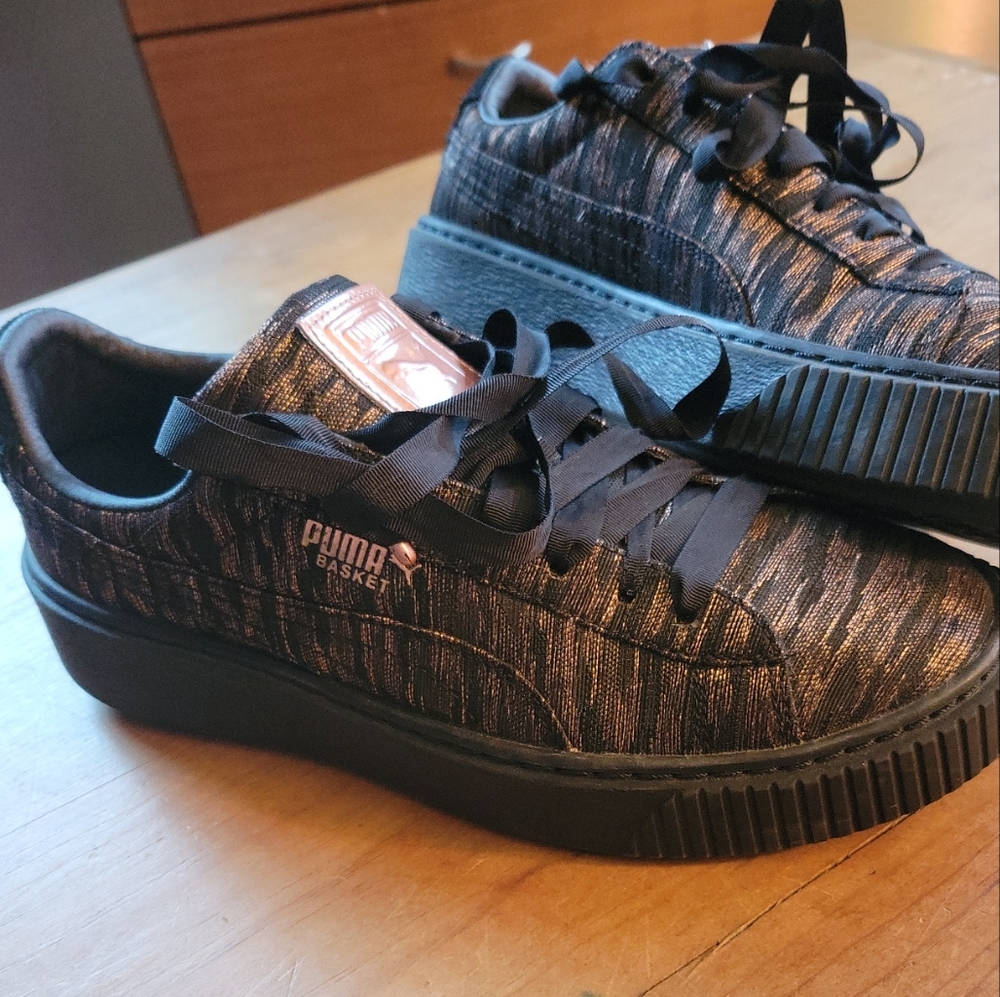 Puma Basket Platform Metallic Gold Lace Up Womens Black Sneakers 8 Shoes 364092